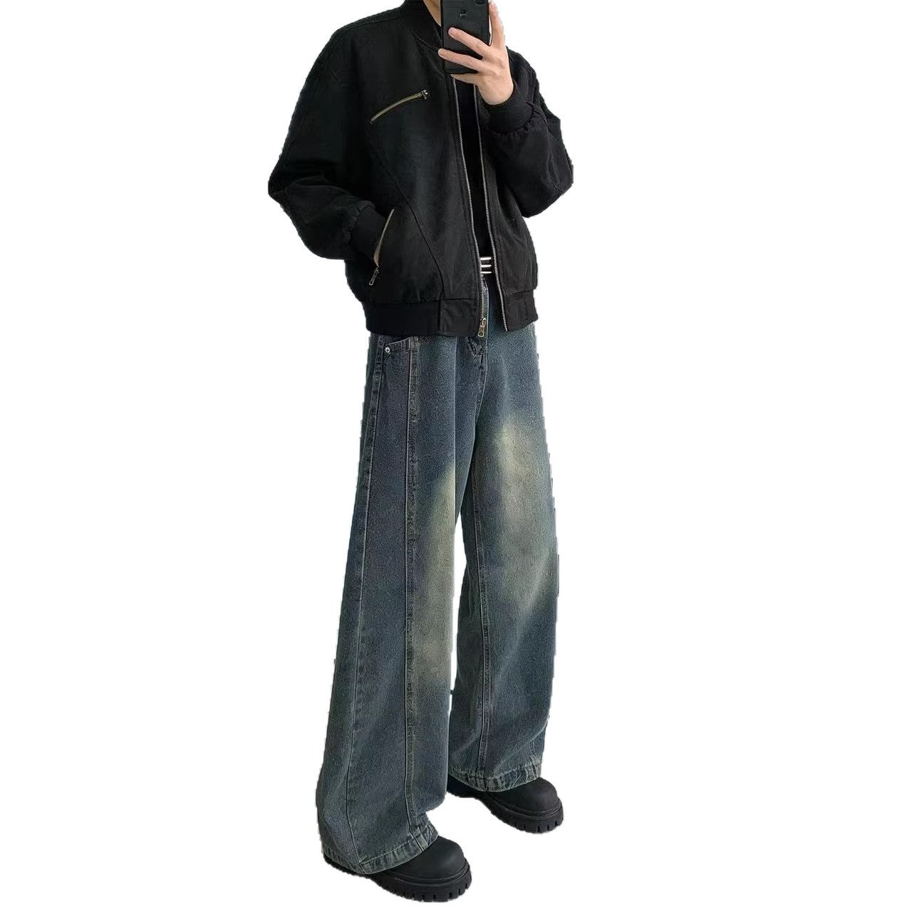 Retro Knife-Edge Denim Jeans Men's Long Pants Slit Cut