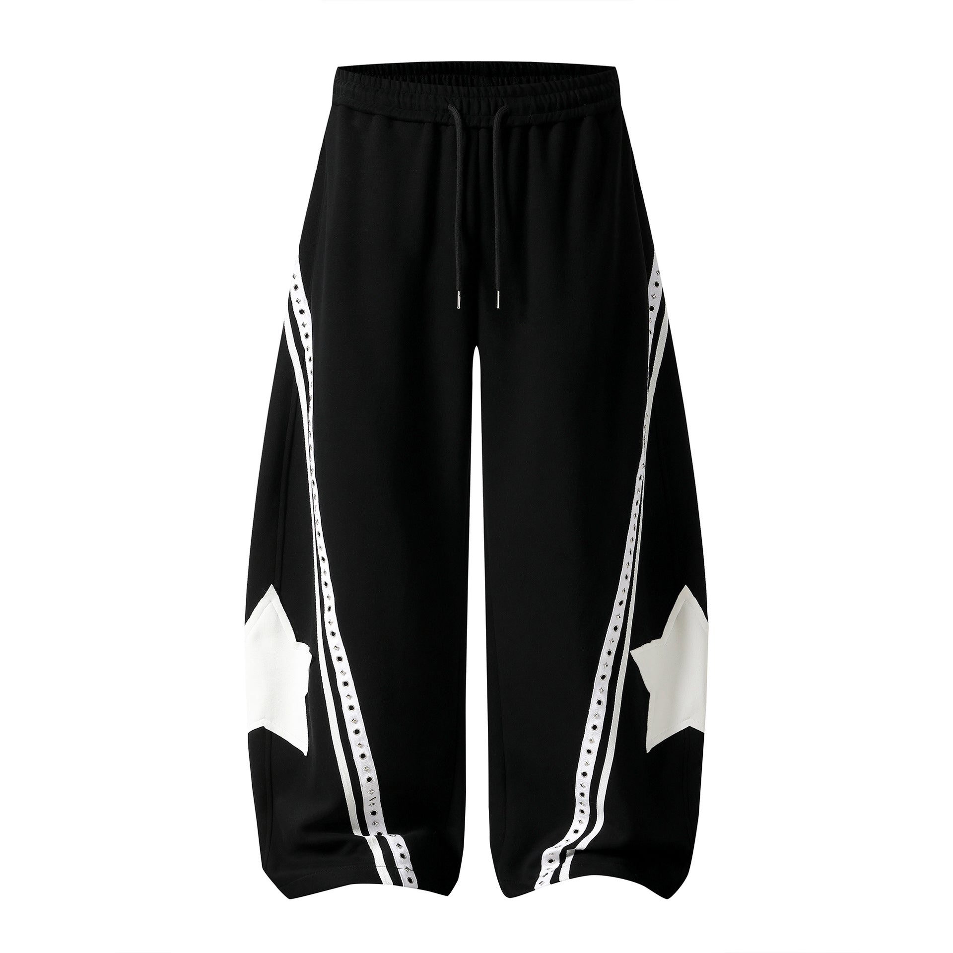 Color-Blocked Star Patchwork Sweatpants with Drawstring Waist and Rivet Decoration, Loose Fit Slimming Girl Pants