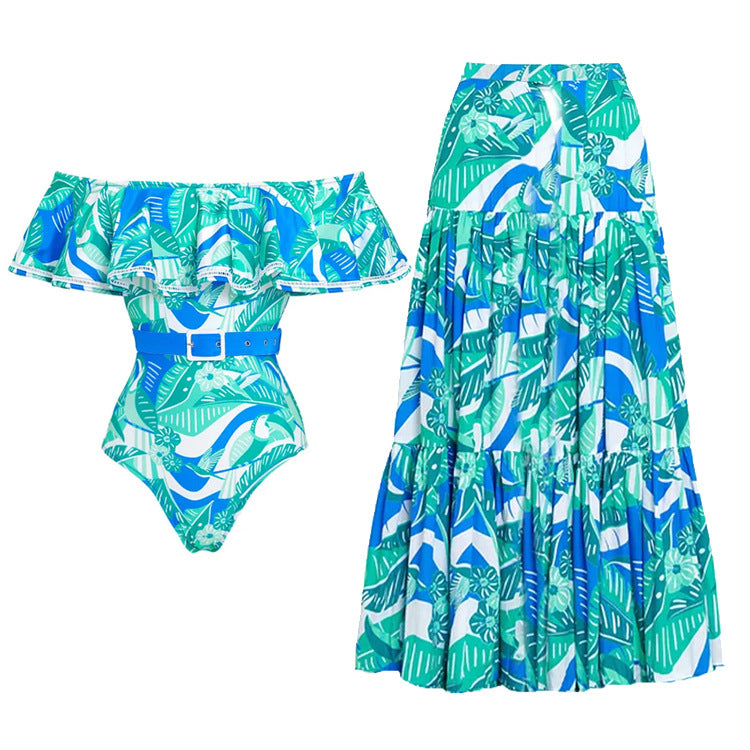 Print  Off-shoulder  Ruffle One-piece Swimwear