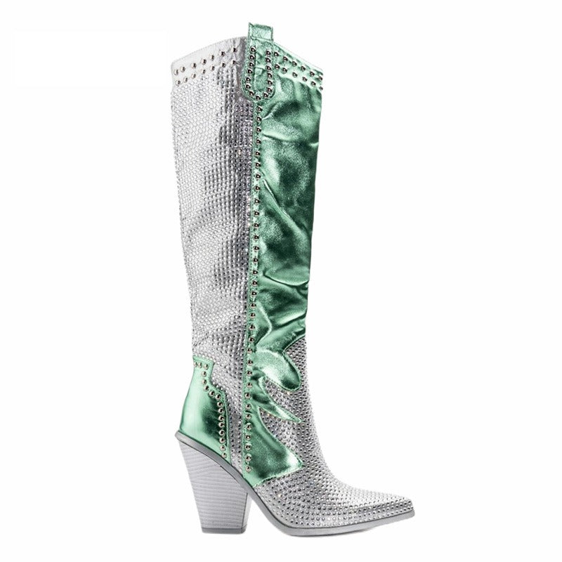 Metallic Leather Patchwork Mid-calf Boots Women Pointy Toe Side Zipper Boots Crystal Shoes