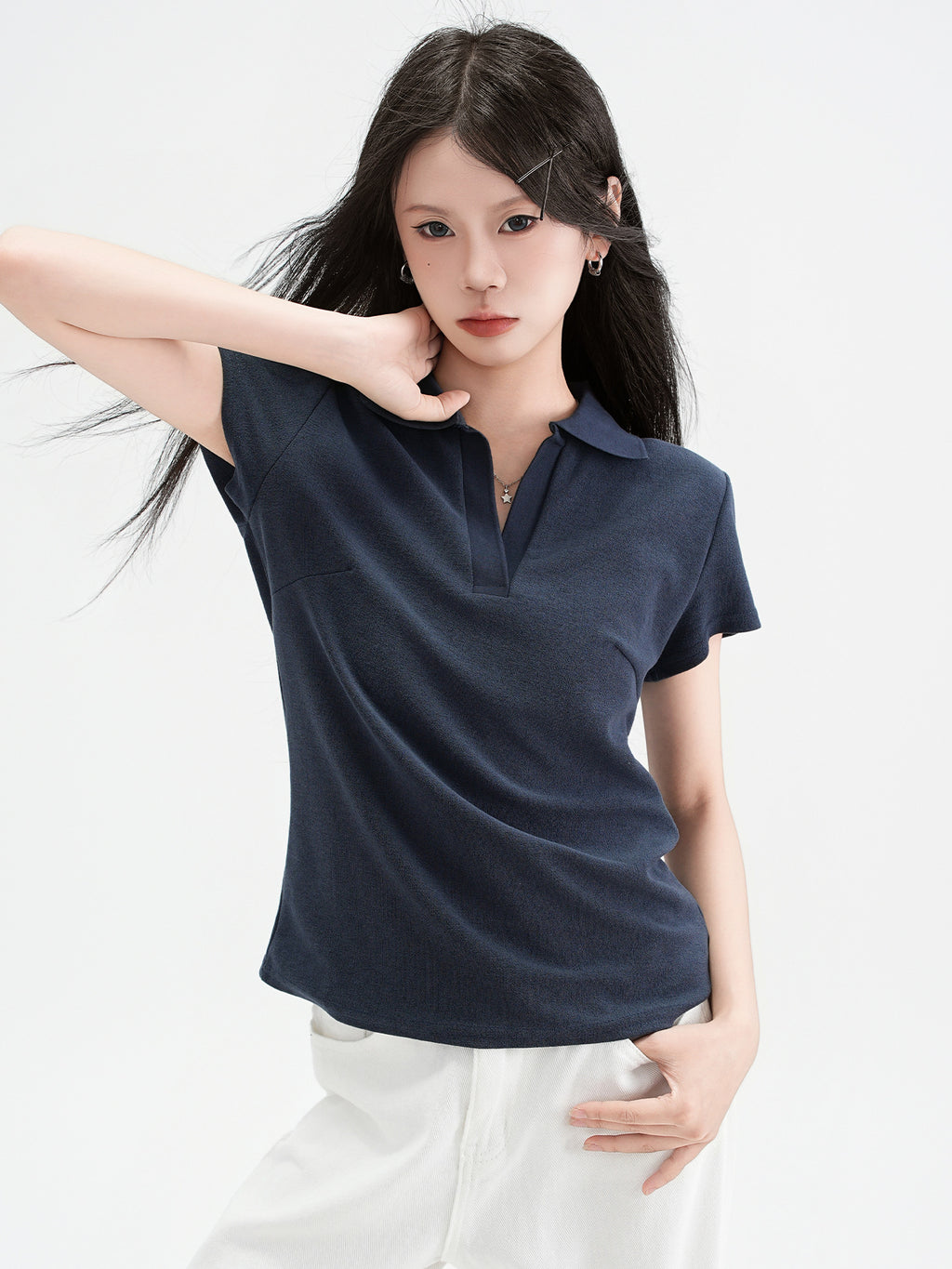 Chic Polo Collar Straight Shoulder Short Sleeve T-Shirt for Women