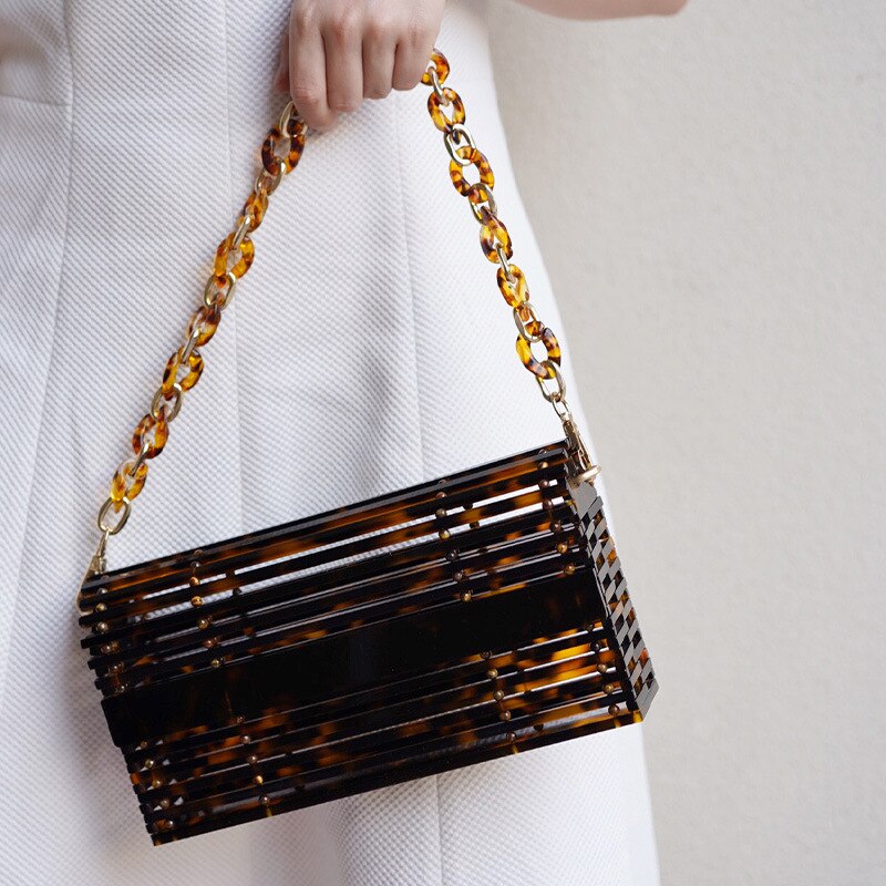 Vintage Acrylic Woven Beach Bag For Women Summer New Luxury High Quality Acrylic Chain Hollow Out Crossbody Bag Vacation