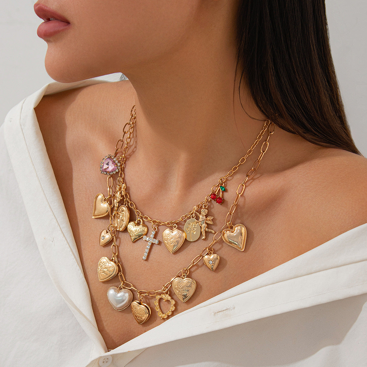 Ins Love Element Pendant Alloy Necklace Stacked Wind Set Diamond Cross Collar Chain
