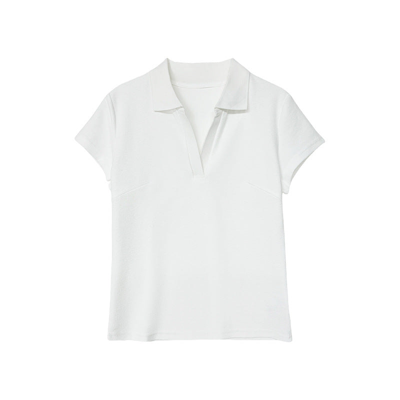 Chic Polo Collar Straight Shoulder Short Sleeve T-Shirt for Women