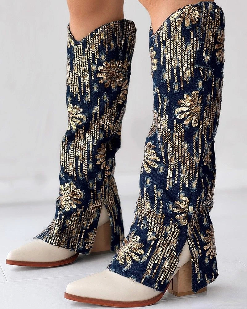 Shiny denim jeans leg boots with pointed thick heels oversized cuffs women's fashion boots