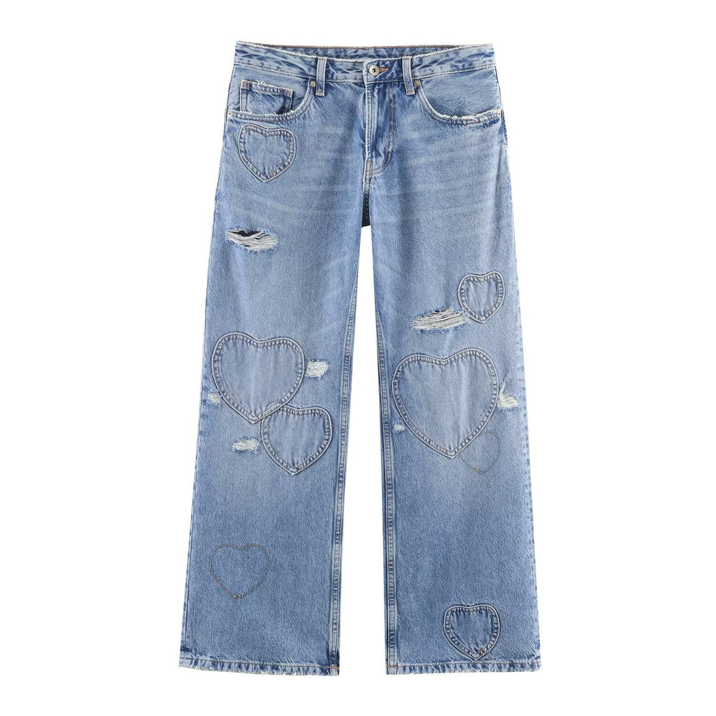 Retro heart-shaped ripped jeans