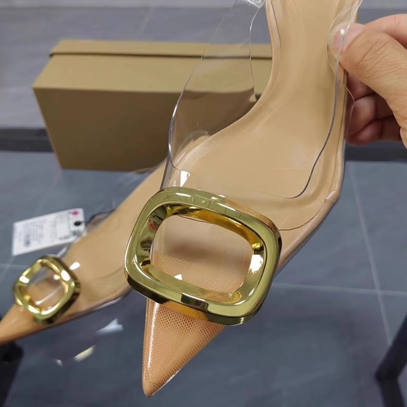 Pointed toe PVC transparent rubber sandals, metal square buckle, stiletto heel, trip strap, sexy women's shoes