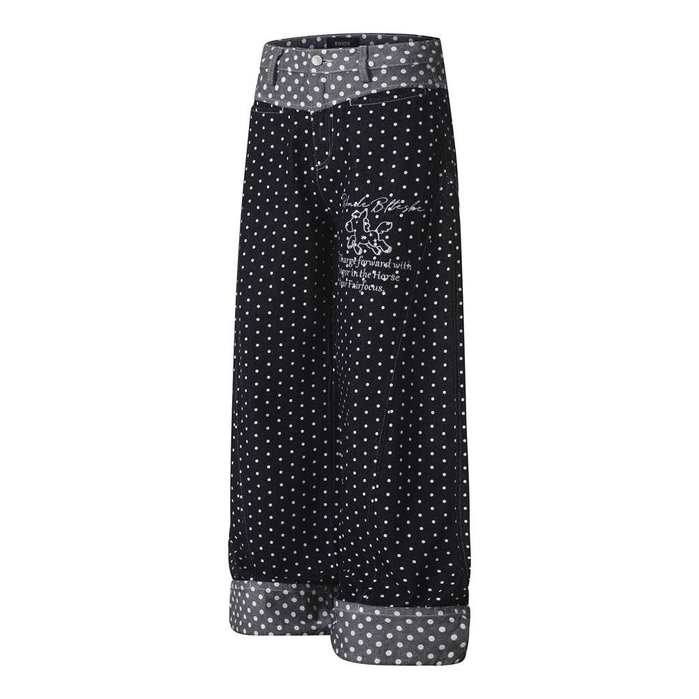 Cartoon embroidery polka dot denim pants