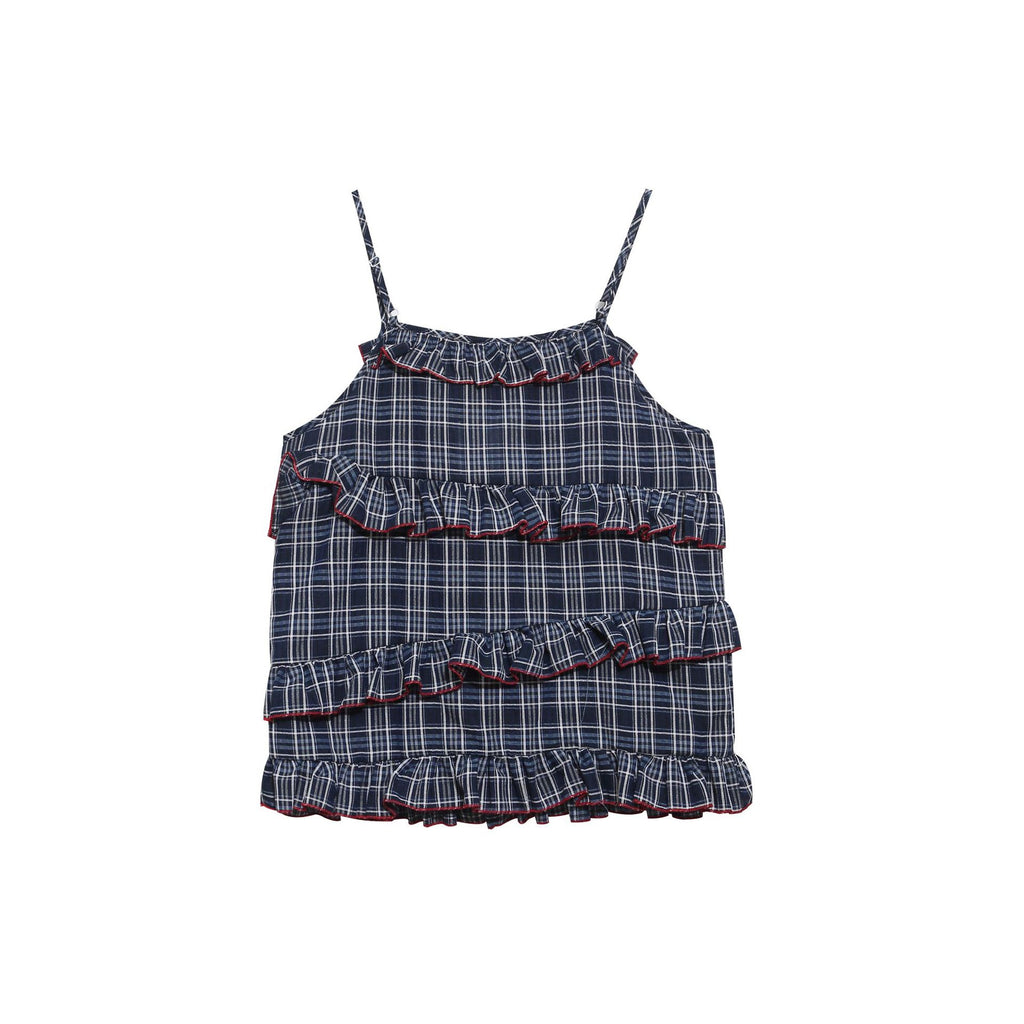 Youthful Navy Plaid Strapless Top with Multi-layer Ruffle Cake Layer, Loose Slimming Sweet Girl Vest