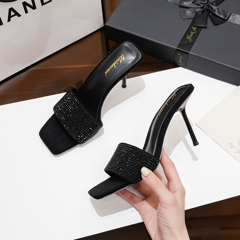 Square toe black rhinestone strap sandals stiletto high heel sandals for women