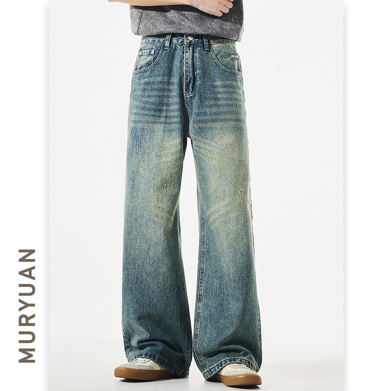 Men's A-line Vintage Denim Pants Washed Loose High Street Floor-Length Trousers
