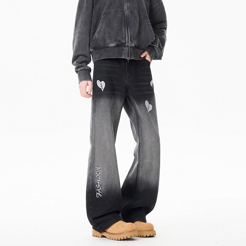 Washed Ombre Embroidered Denim Pants Men