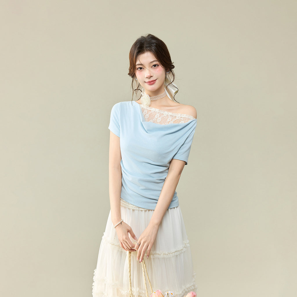 Off-Shoulder Lace Spliced Short Sleeve T-Shirt for Women, Elegant and Sexy Fitted Top with Ruffled Neckline