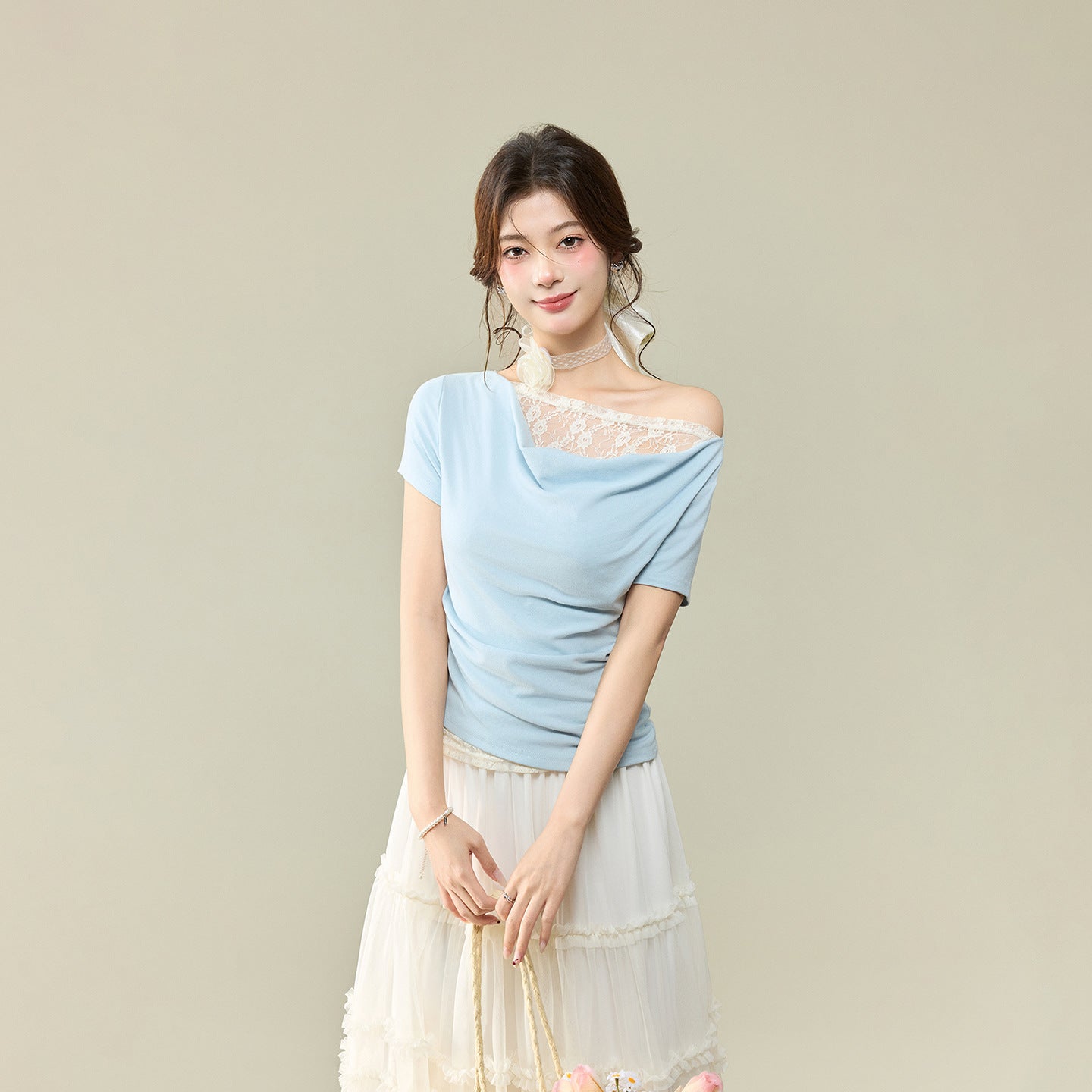 Off-Shoulder Lace Spliced Short Sleeve T-Shirt for Women, Elegant and Sexy Fitted Top with Ruffled Neckline