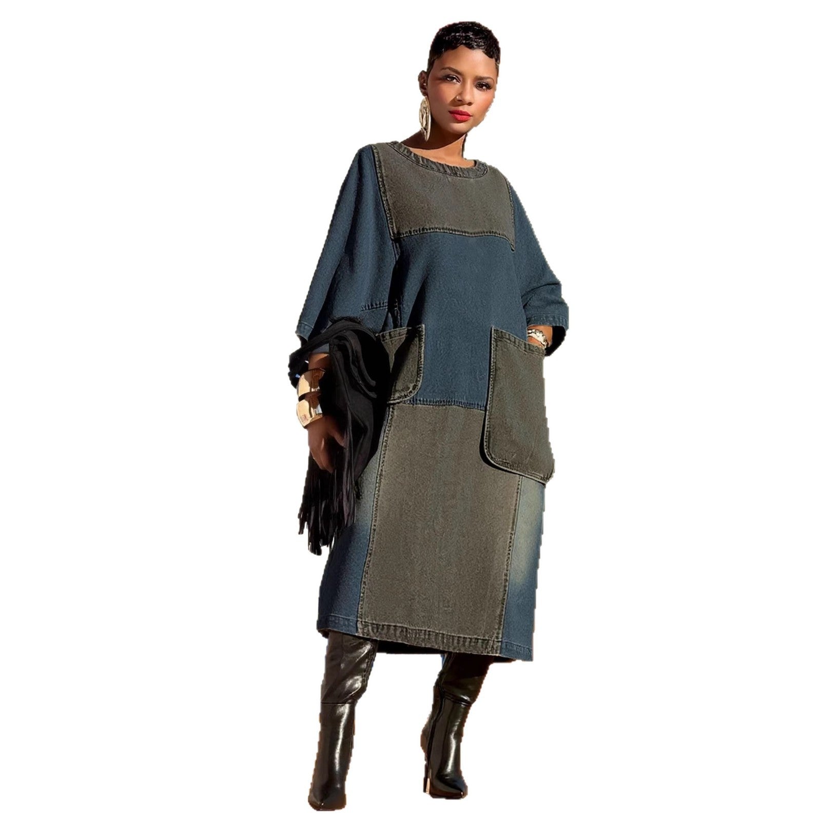 Pocket Loose Denim Dress with  Design and Asymmetrical Hem