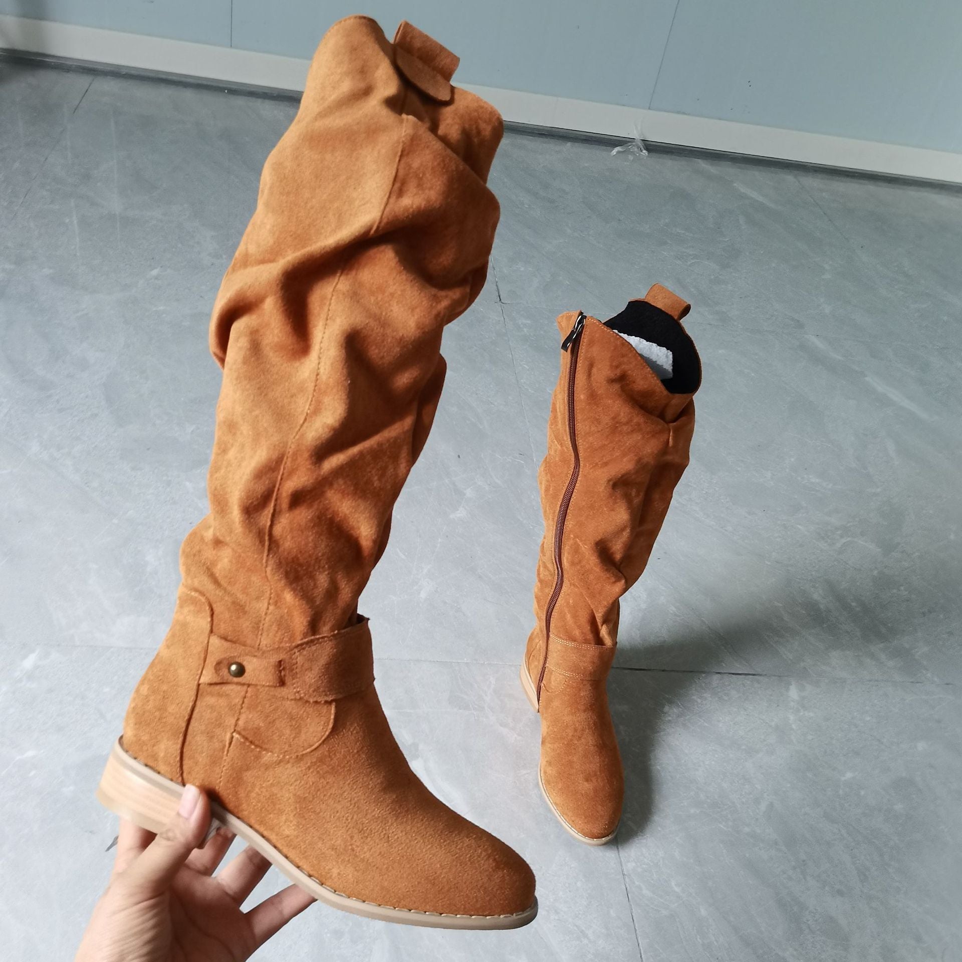 Low heeled side zipper oversized suede high top women's boots