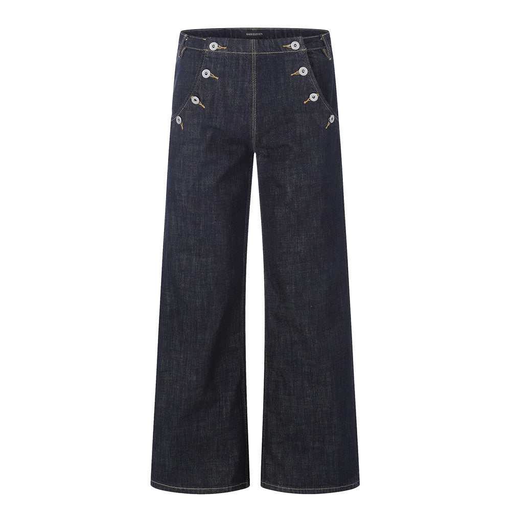 Front pocket double row button open front denim pants