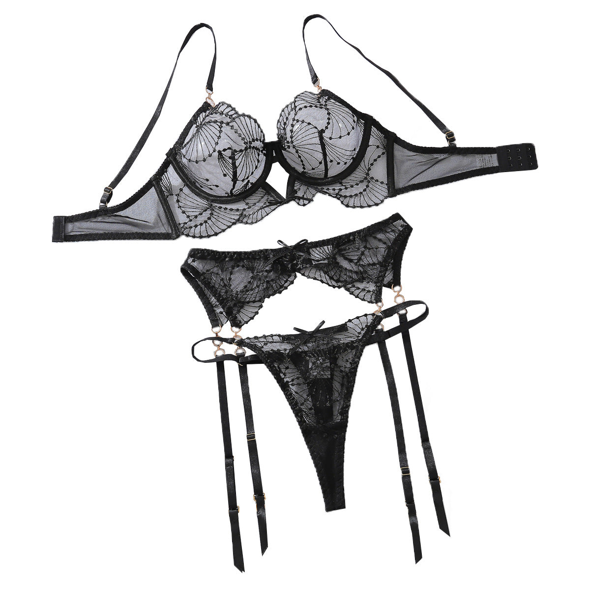 Perspective Embroidered Sexy Bra Set with Sexy Lace Underwear and Underwear Three Piece Set