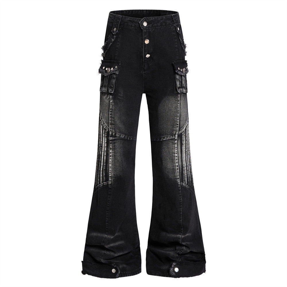 Cat whisker frayed distressed washed denim bell bottoms