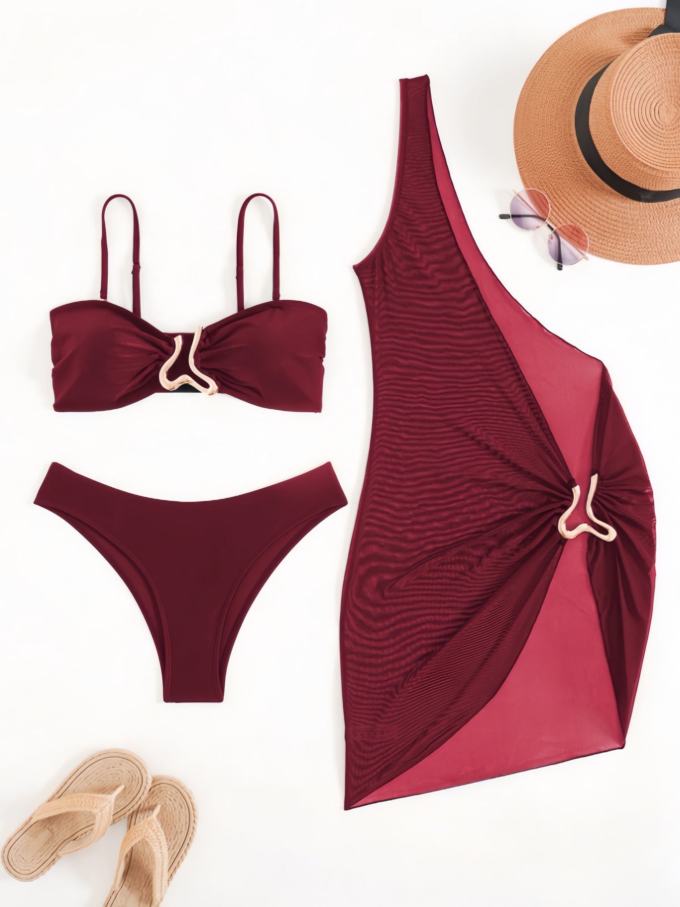 Solid color three piece split bikini set