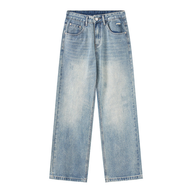 Men's A-line Vintage Denim Pants Washed Loose High Street Floor-Length Trousers