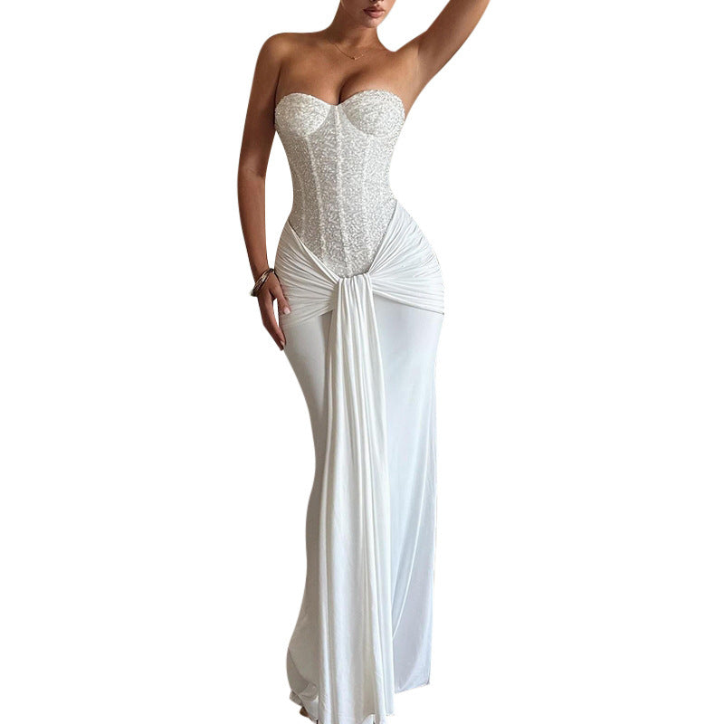 New long evening gown with a waist-cinching, figure-flattering chiffon strapless dress