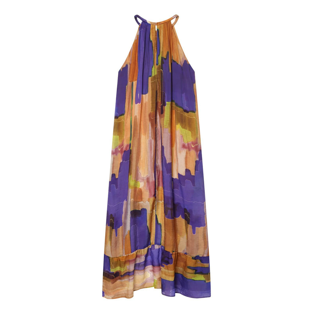 Hanging neck asymmetrical hem printed dress