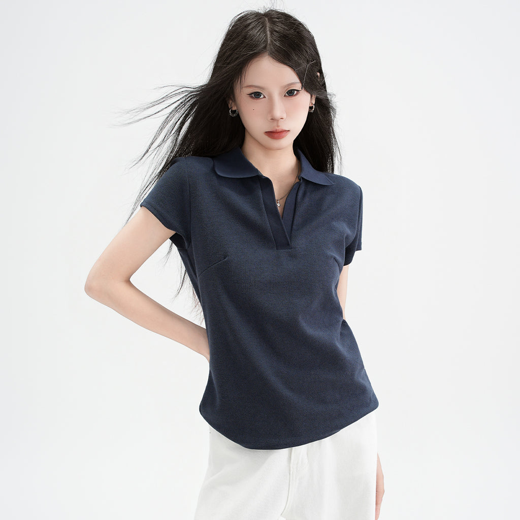 Chic Polo Collar Straight Shoulder Short Sleeve T-Shirt for Women