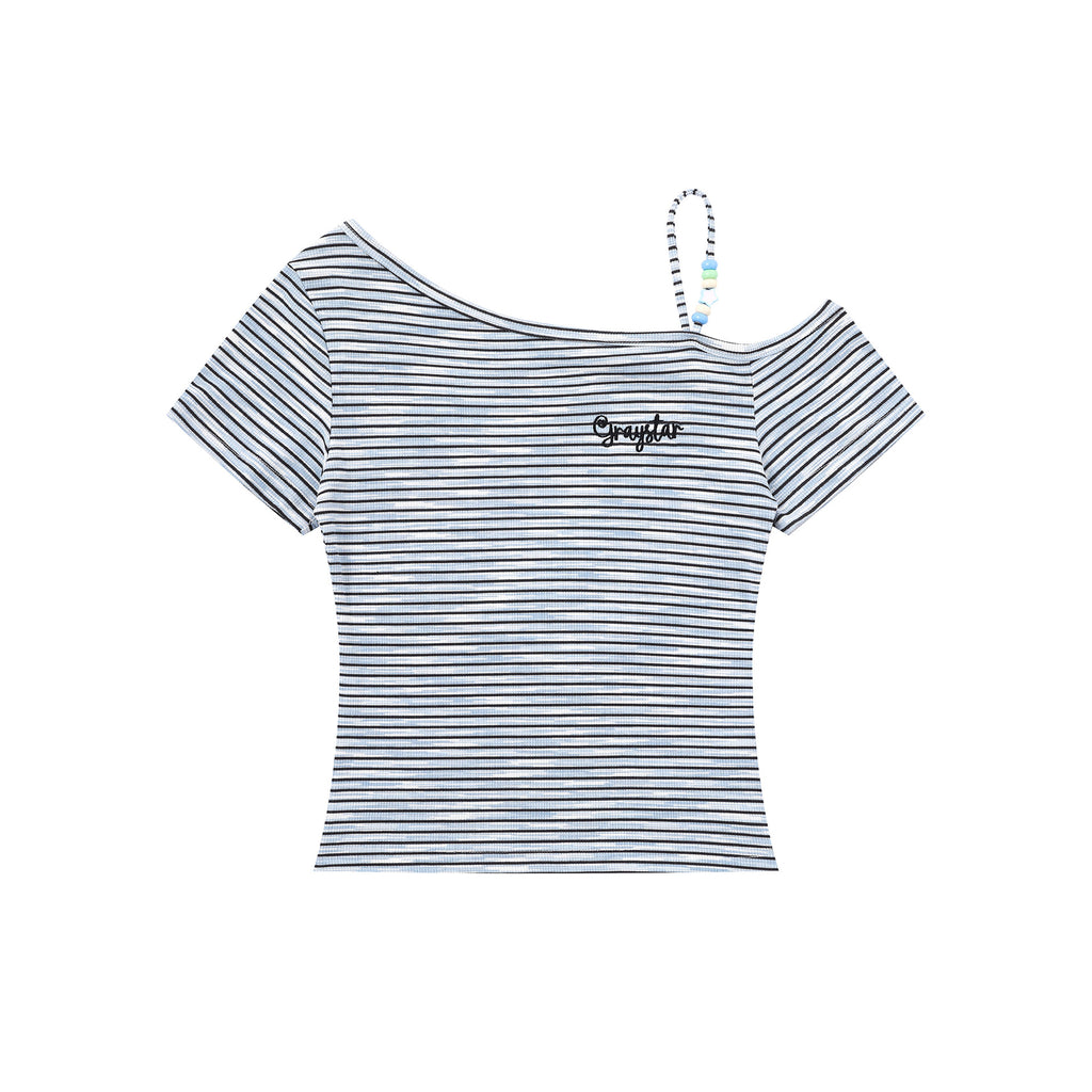 Shoulder T-Shirt with Beaded Strap, Fitted Slimming Off-Shoulder