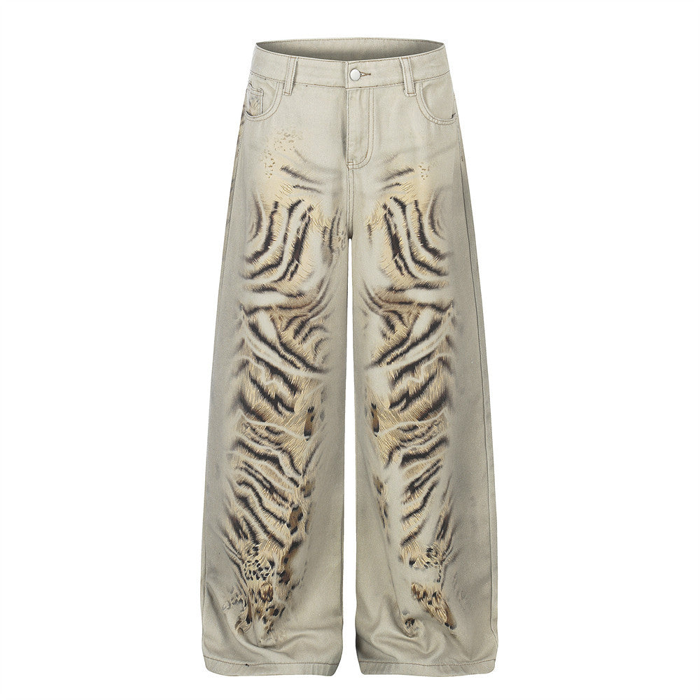 Tiger print digital printed denim wide leg pants