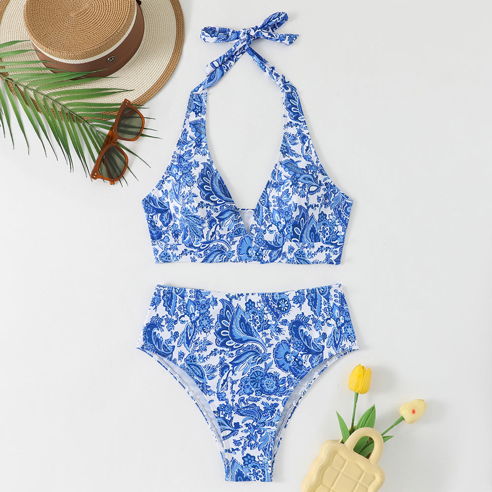 Split floral triangle strap multicolor bikini