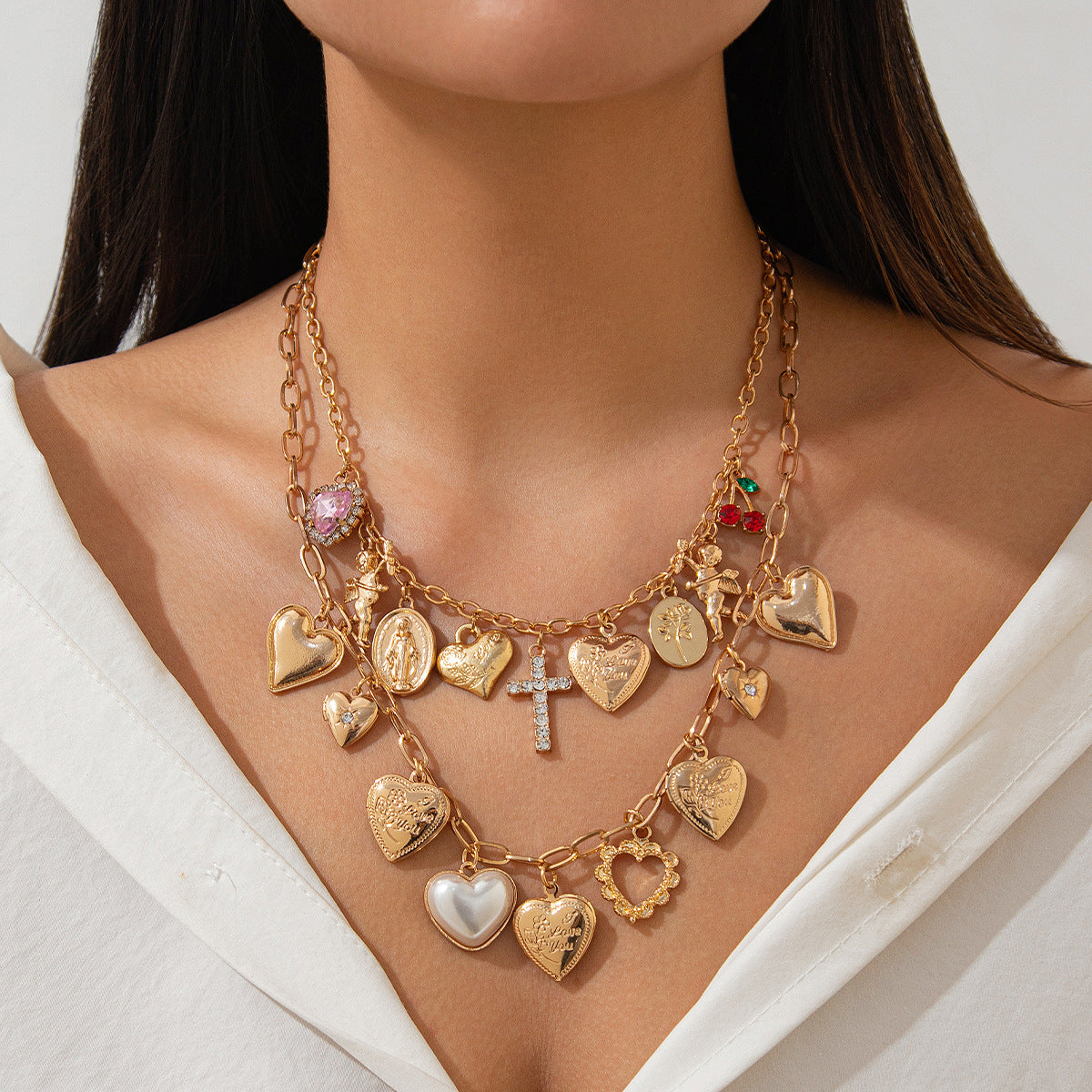 Ins Love Element Pendant Alloy Necklace Stacked Wind Set Diamond Cross Collar Chain