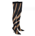 Women's Elastic Cloth High Boots Summer New Pointed Sexy High Heels Knee Boots Brown Color Matching Thin Leg Socks Boots