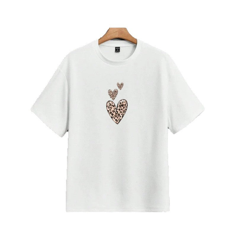 Leopard print heart pattern round neck T-shirt