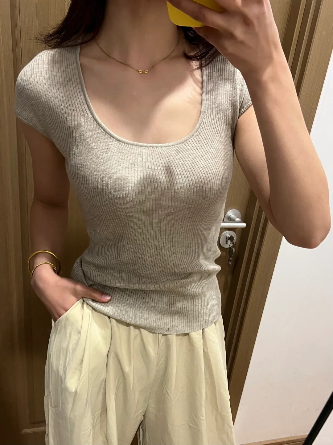 Purple U-Neck Ribbed Knit Short Sleeve