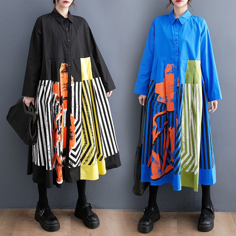 Casual Loose Plus Size Printed Patchwork Sweet Long Sleeve Dress