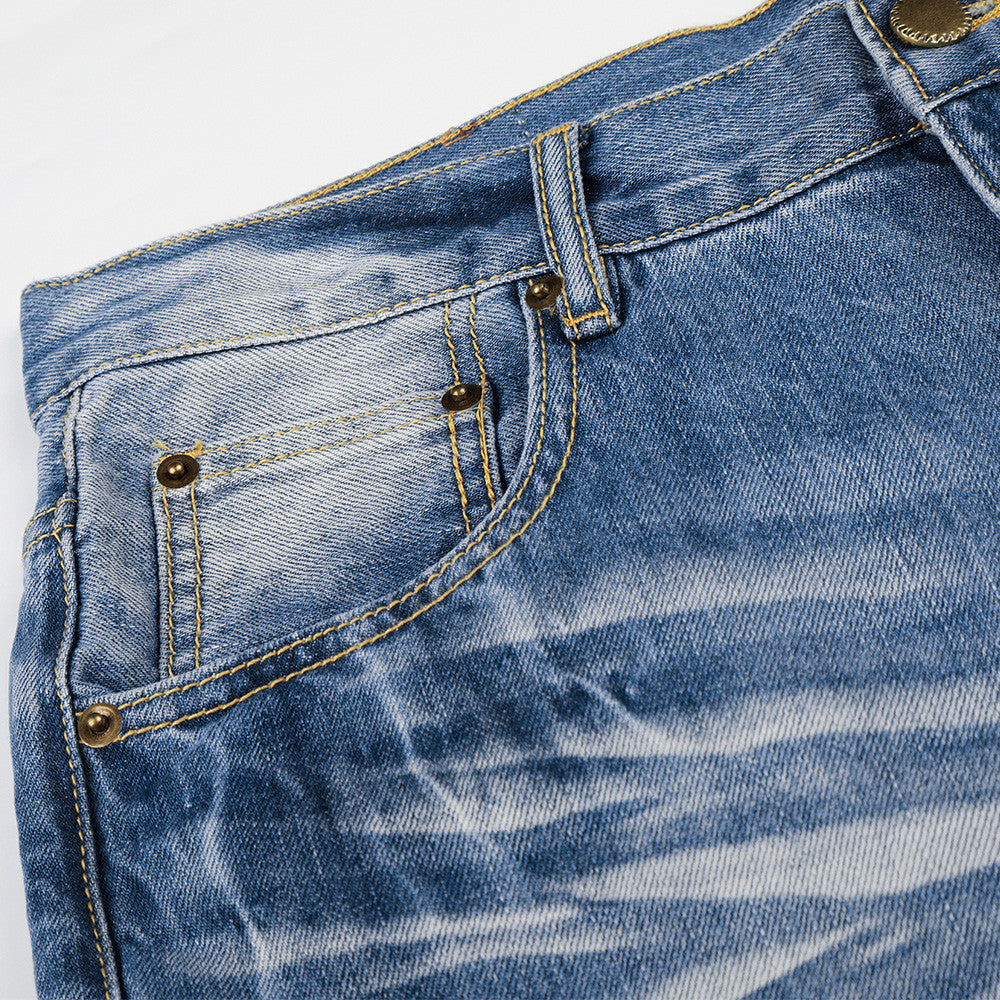 Color blocking white washed denim micro pull pants