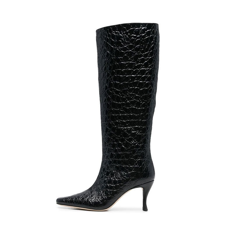 pop design autumn winter motorcycle boots shoes women print leather knee high boots sexy high heels platform riding boots woman