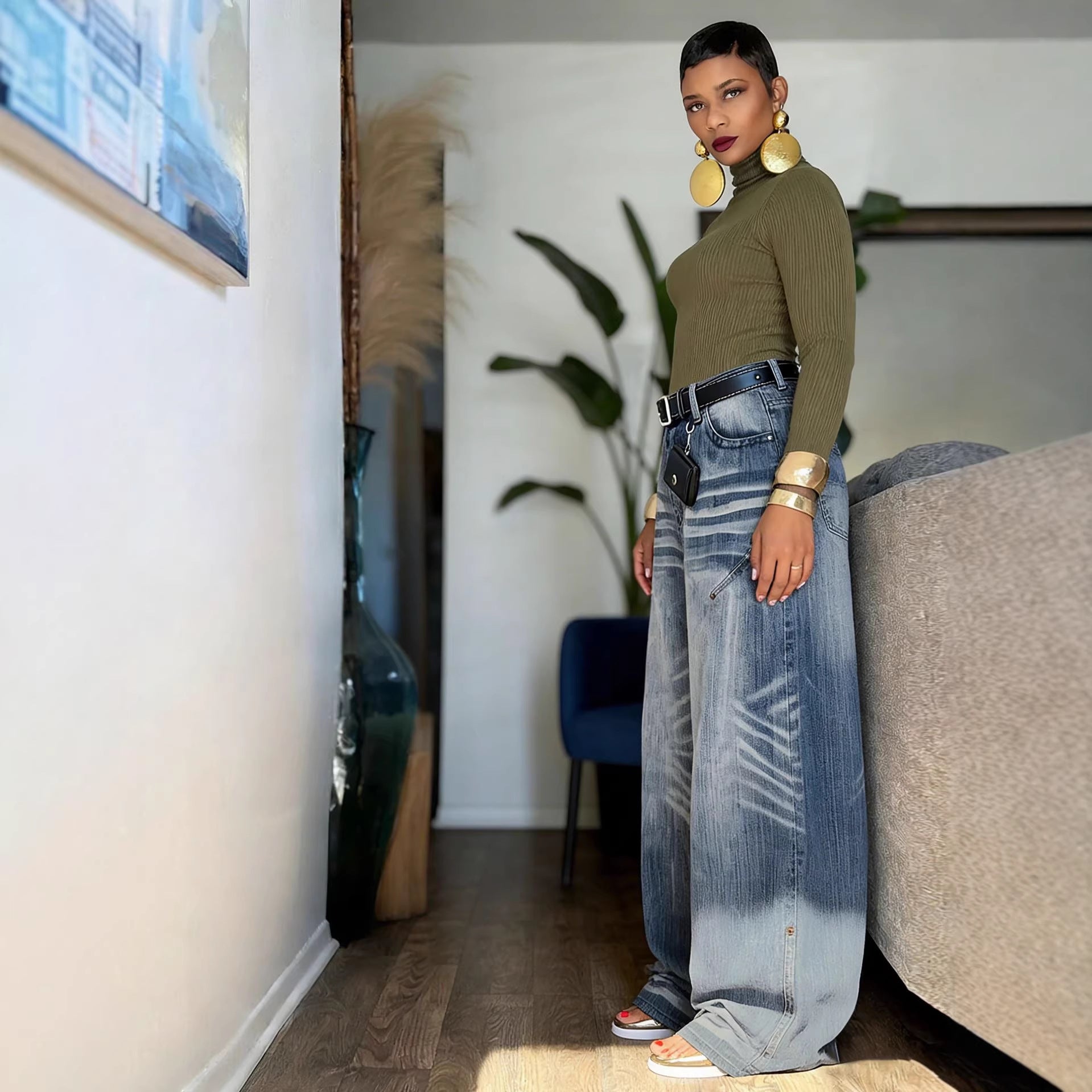 Design Pleated Faded Loose Jeans Pants