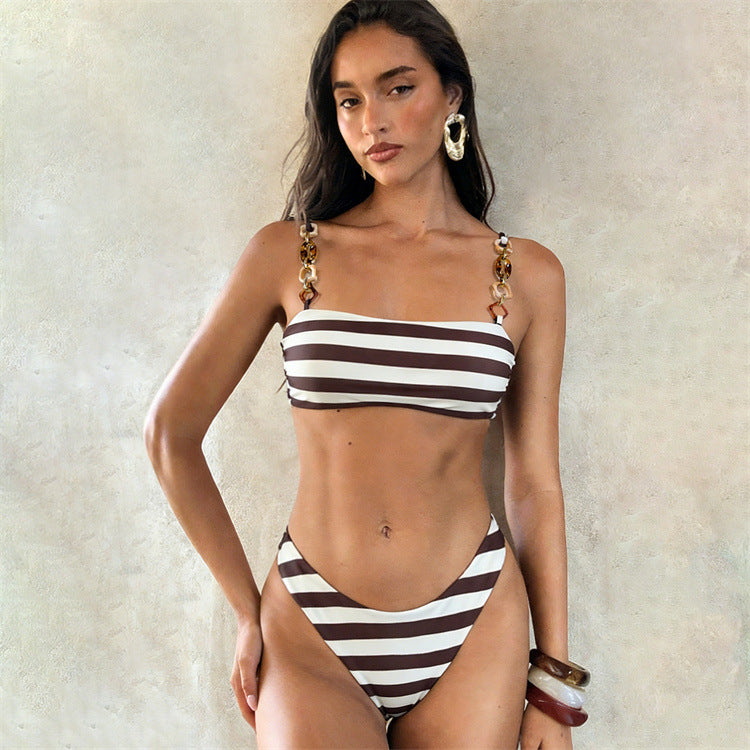 Sexy Stripe Bikini Set Women's Halter Neck Triangular Swimwear for Vacation