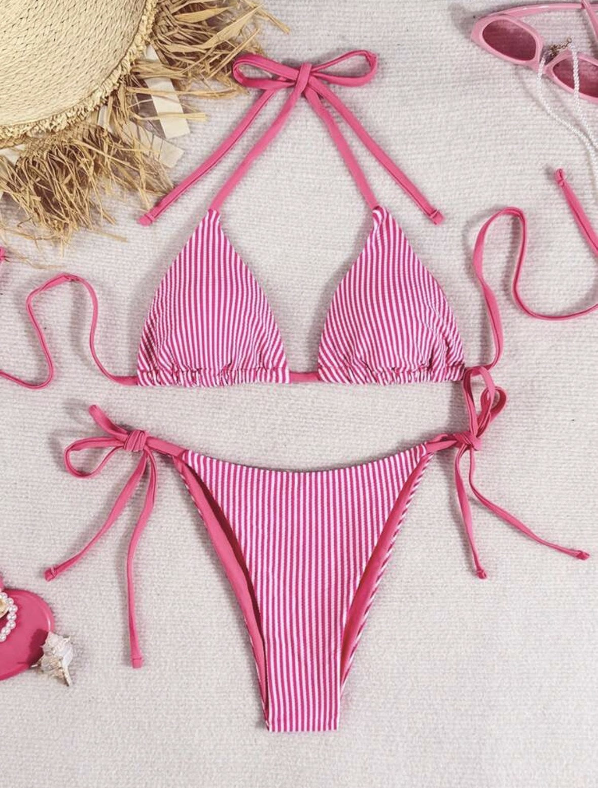 Blue and white striped split bikini neck tie swimsuit