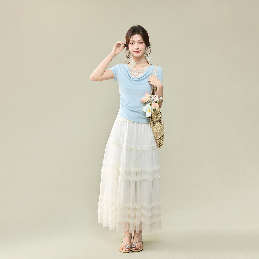 Off-Shoulder Lace Spliced Short Sleeve T-Shirt for Women, Elegant and Sexy Fitted Top with Ruffled Neckline