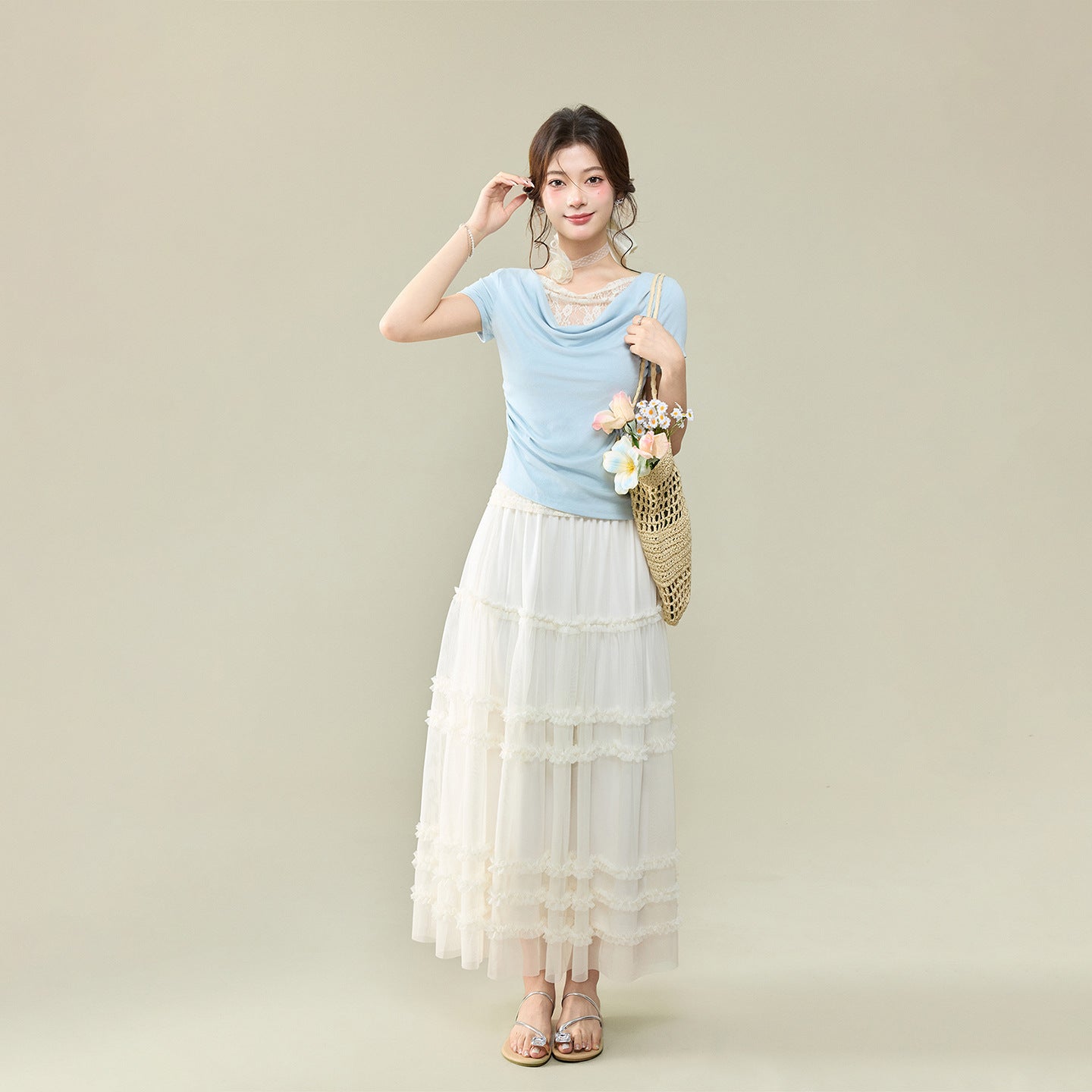 Off-Shoulder Lace Spliced Short Sleeve T-Shirt for Women, Elegant and Sexy Fitted Top with Ruffled Neckline