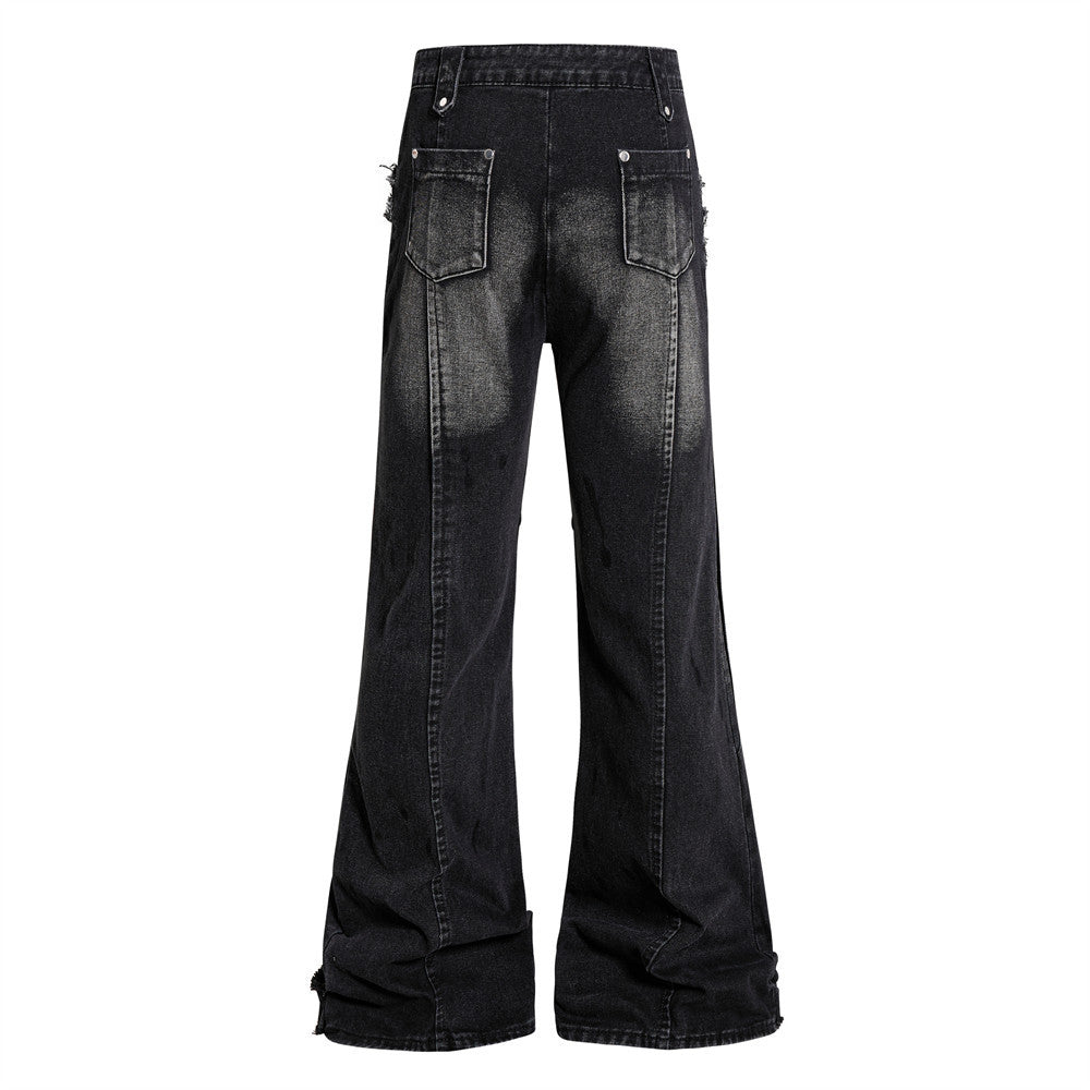 Cat whisker frayed distressed washed denim bell bottoms