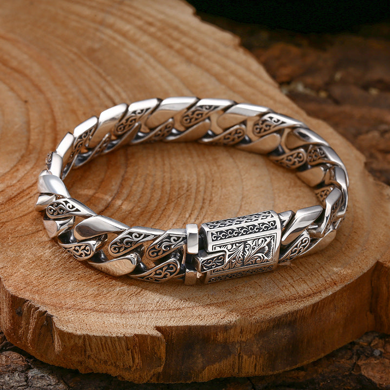 925 Silver Bracelet Pattern Cuban Link Thick Men's Thai Silver Vintage Oxidized Jewelry
