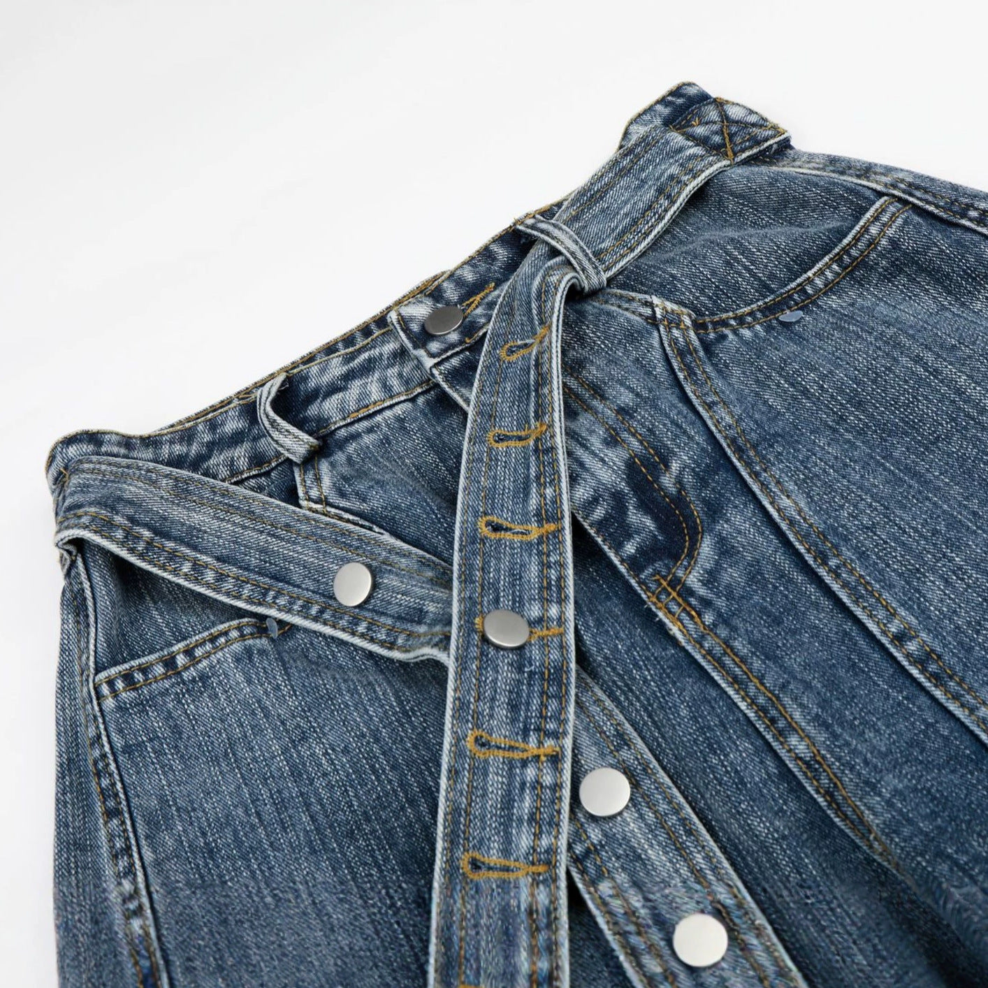 Washed White Cross Waist Belt Design Jeans Unisex Loose Wide Leg Knife-Edge Floor-Length Pants