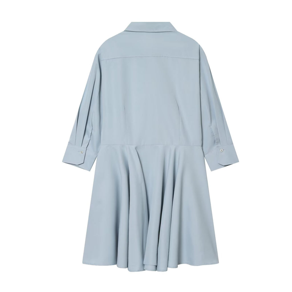 Commuting style pleated shirt style long sleeved dress