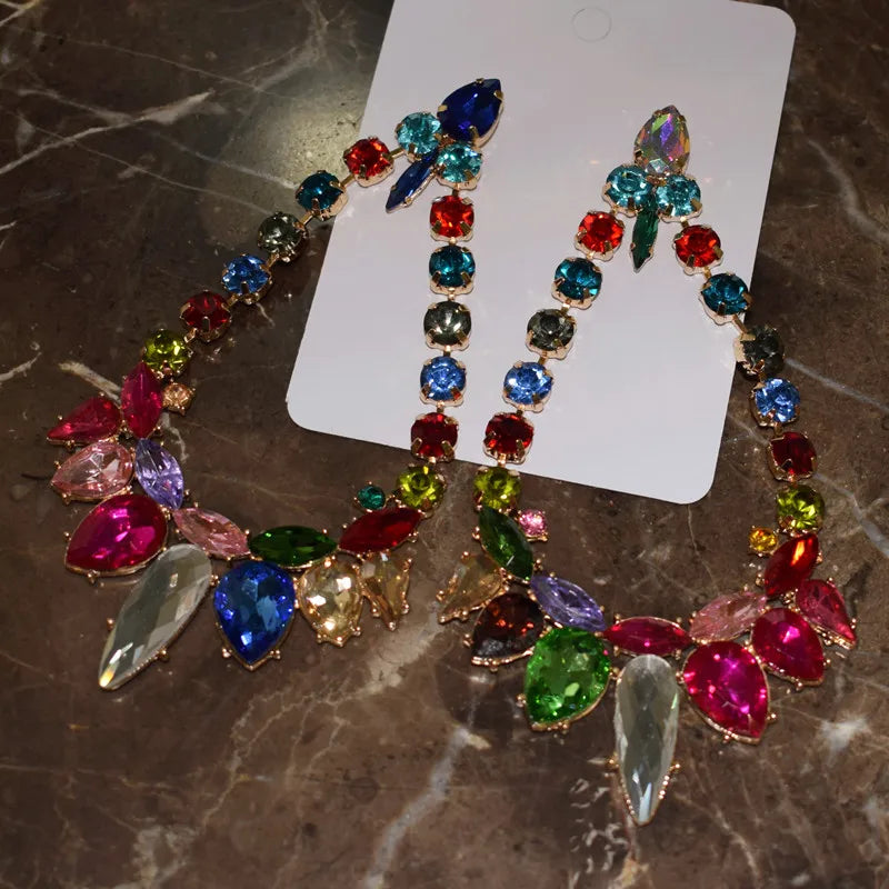 Gorgeous Multicolors Crystal Drills Big Drop Dangle Earrings For Women Fashion Jewelry Trendy Girls' Statement Accessories