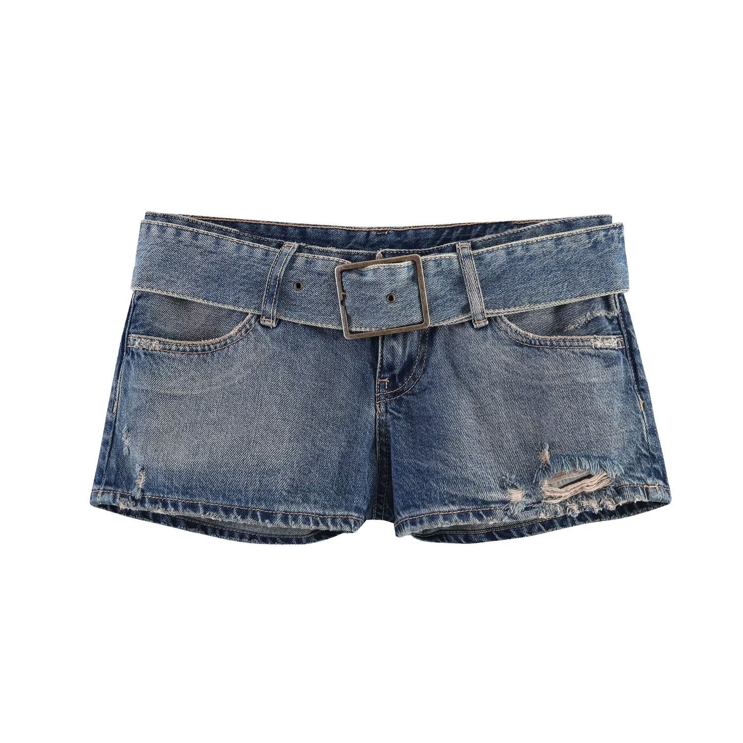 Spicy girl with belt and ripped denim shorts