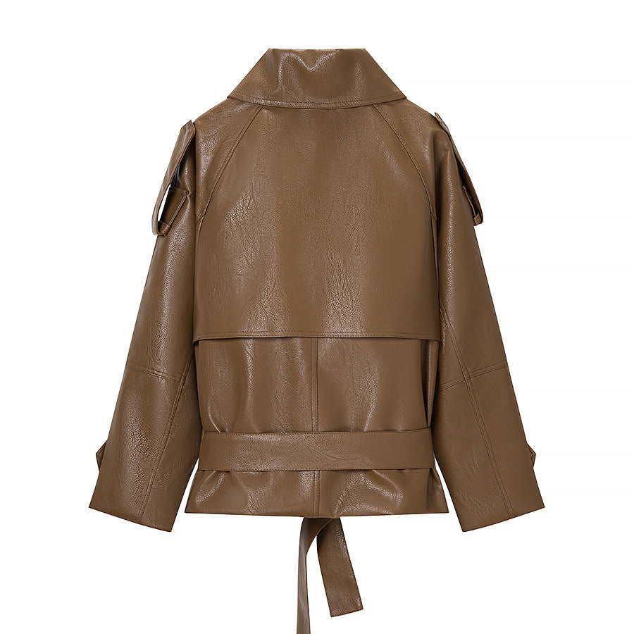 Versatile lace up waistband PU leather workwear jacket